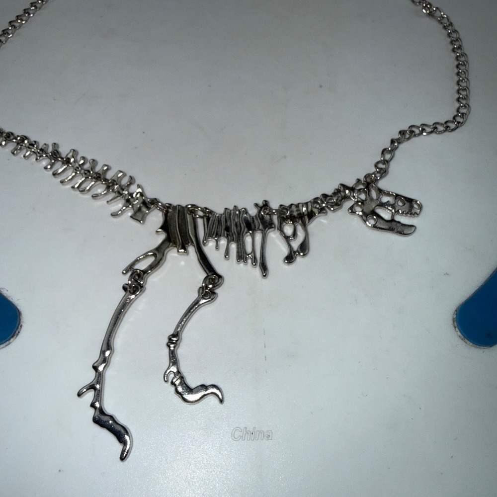 Silver T-Rex Dinosaur Skeleton Fossil Necklace Statement Jewelry 24 Inch